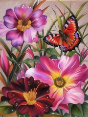 Butterfly and flowers. Beautiful illustration of Colorful flowers, leaves and butterfly.