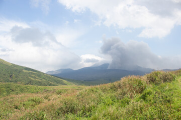 Mount Aso (Aso-san), the largest active volcano in Japan stands in Aso Kuju National Park, Aso (Aso-shi), Kyushu Region, Kumamoto Prefecture, Japan