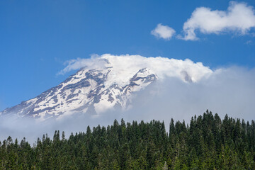 View of the snow and glacier covered peak of Mt. Rainier on a sunny summer day
