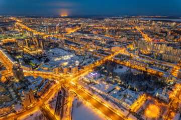 Yekaterinburg aerial panoramic view in Winter at sunset. Ekaterinburg is the fourth largest city in Russia located in the Eurasian continent on the border of Europe and Asia.