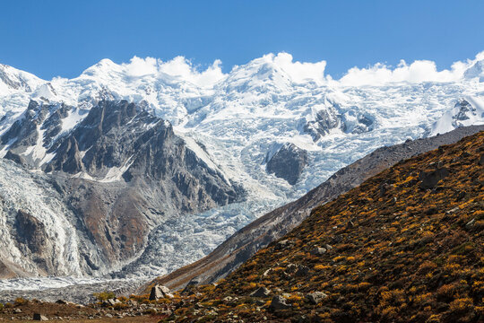 Glacier and Nanga Parbat rangę in autumn. Nanga Parbat is the ninth highest mountain in the world and western anchor of the Himalayas. Located in Pakistan