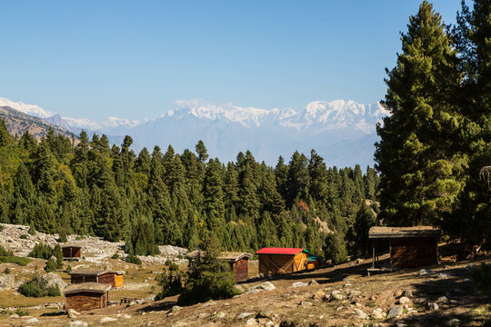 PAKISTAN - September 2021: Nanga Parbat, beautiful mountain view and guesthouses from Fairy Meadows, Pakistan