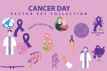 vector set collection for world cancer day with purple and pink colors easy to use suitable for asset banners, posters, social media, and other purposes