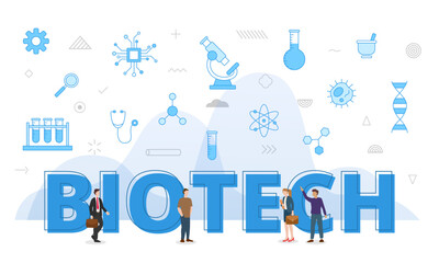 biotech concept with big words and people surrounded by related icon spreading with modern blue color style