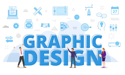 graphic design concept with big words and people surrounded by related icon spreading with modern blue color style