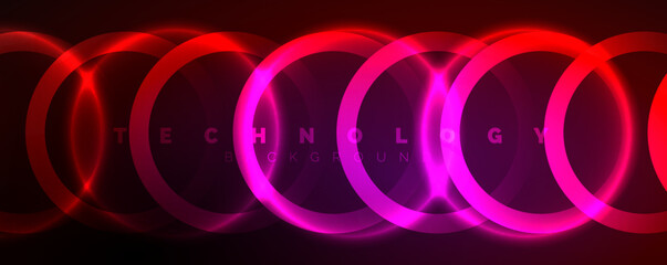 Neon glowing circles and round shape lines, magic energy space light concept, abstract background wallpaper design