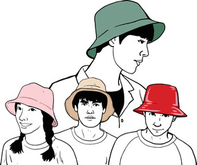 Cartoons include young men and women who like to wear bucket hats.