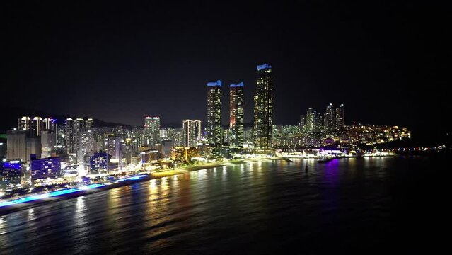 Haeundae beach night aerial view at Busan, South Korea