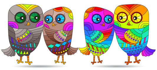 A set of illustrations in the style of stained glass with bright cute owls, birds isolated on a white background