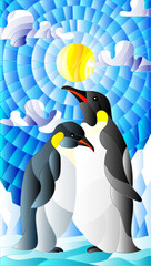 Illustration in stained glass style with a pair of penguins on a background of snow, sun and clouds