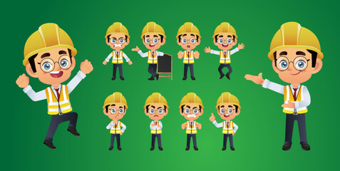 Engineer with different poses. vector