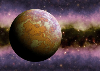 Distant alien planet and galaxy with billions of stars, 3D illustration