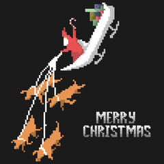 illustration vector graphic of santa claus with pixel art style riding a reindeer-drawn sleigh ,good for your project.