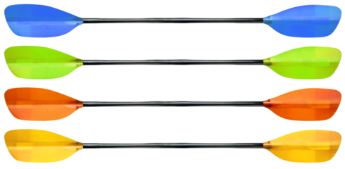 fiberglass whitewater kayak paddle with an oval shaft, set of versions with different colors of blades on a transparent background