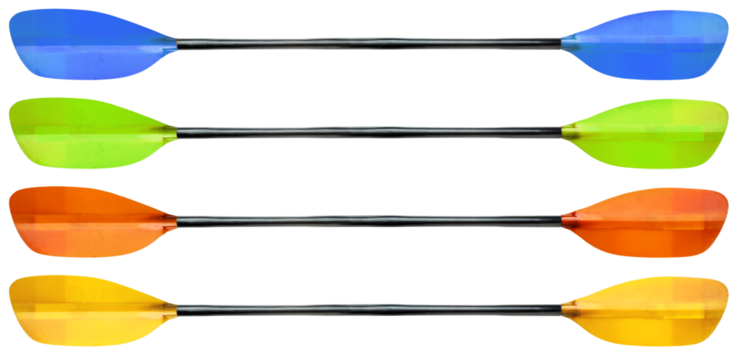 fiberglass whitewater kayak paddle with an oval shaft, set of versions with different colors of blades on a transparent background