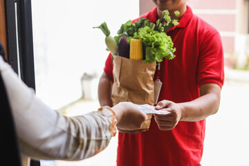 Close up of delivery fresh vegetables in paper bag. Express food delivery, online shopping concept. Home delivery food.