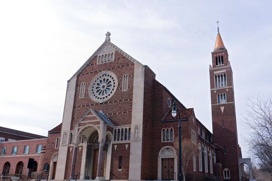 facade of historic roman catholic church in shorewood wisconsin built in lombard romanesque style architecture