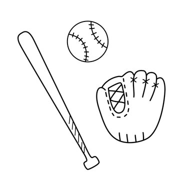 Baseball glove, bat and ball. Vector doodle illustration isolated on white. Outline sketch