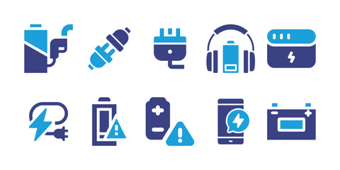Charging icon set. Duotone color. Vector illustration. Containing battery, power plug, plug, headphones, power, low battery, low battery level, accumulator.