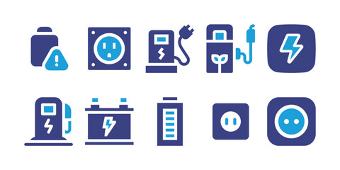 Charging icon set. Duotone color. Vector illustration. Containing low battery, socket, electrical, biofuel, thunderbolt, electric station, car battery, power, plug.