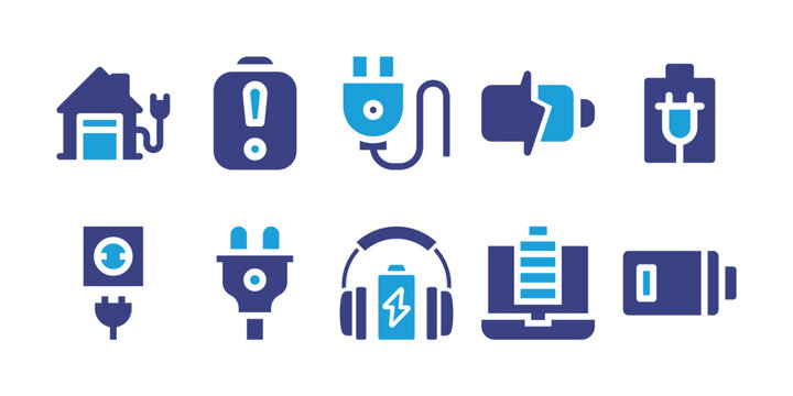 Charging icon set. Duotone color. Vector illustration. Containing charging station, low battery, plug, battery, electric socket, headphones.