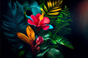 Colorful flower on dark tropical foliage nature background