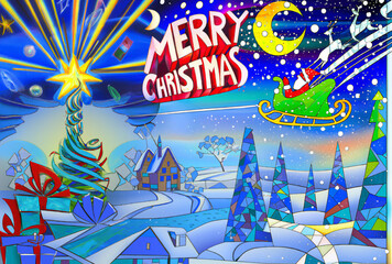 A Christmas landscape done in the cubist style - obrazy, fototapety, plakaty