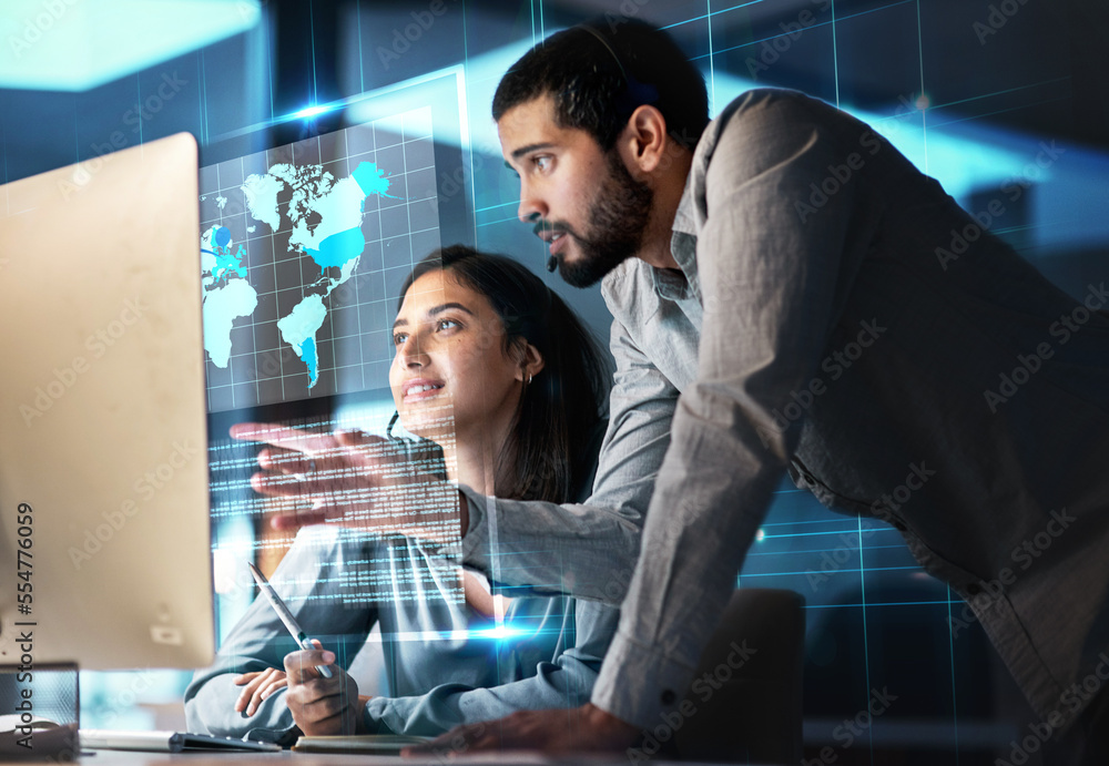 Poster Global network, technology and team with computer for stock trading, cryptocurrency and data analytics. International business, finance and collaboration of man and woman in meeting with 3d hologram