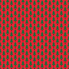 Christmas tree on red background in seamless pattern, vector illustration.