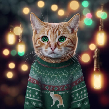 Gatito con su&eacute;ter navide&ntilde;o y luces hecho con Inteligencia Artificial