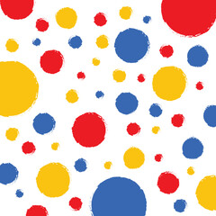 Circle textured hand drawn red, blue, yellow pattern white background, Vector illustration