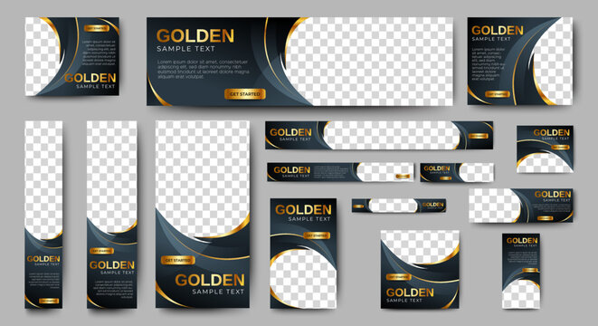 Black And Gold Banner Templates Set With Standard Size For Web. Business Banner With Place For Photos For Social Media, Cover Ads Banner, Flyer, Invitation Card.