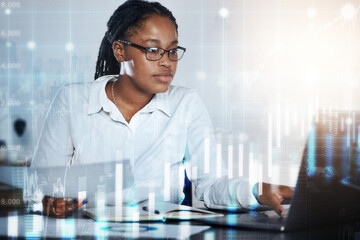 Economy, woman and laptop with stock market overlay of financial forex trading, crypto finance and data. Black female trader, accountant and holographic investment, budget review and online analytics