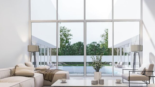 Inside to outside animation of minimal style modern white living room with swimming pool terrace 3d render,decorated with beige furniture,There are large door and window Overlooking nature view.