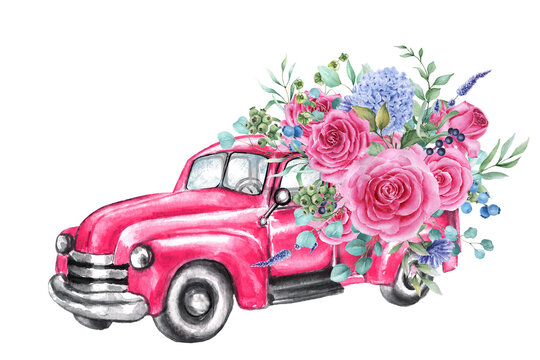 Watercolor Pink Truck With Flowers Roses. Valentine's Day Truck.