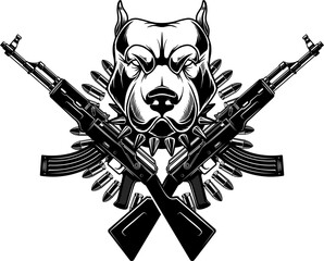 Angry dog head with crossed assault rifles. Design element for poster, emblem, sign. Vector illustration