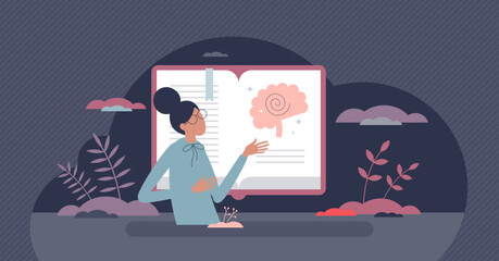 Education in psychology and mental health learning tiny person concept. Scientific mind research or medical neurology content reading for psychologist or psychotherapist occupation vector illustration