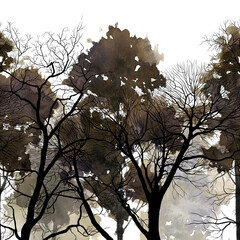 Trees digital and watercolour mixed media seamless border. Endless rapport for packaging, textile, decoupage, wall-art 