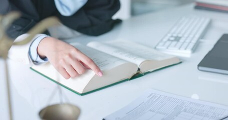 Lawyer, books and client meeting in office for court administration, legal advice and justice. Hands, judge and advocate attorney consulting research, review and contract planning, policy or law firm