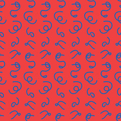 Blue hand drawn strokes on red background in seamless pattern.