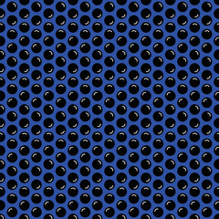 Fototapeta na wymiar Hand drawn black 3D polka dots on blue background in seamless pattern.