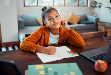 Education, writing or girl in a house thinking of solutions, learning math problem solving or child development. Ideas, child or young Indian school student busy with homework assessment in notebook - Powered by Adobe