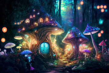 Fairy houses in fantasy forest with glowing mushrooms. Digital artwork