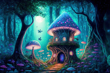 Fairy houses in fantasy forest with glowing mushrooms. Digital artwork - obrazy, fototapety, plakaty