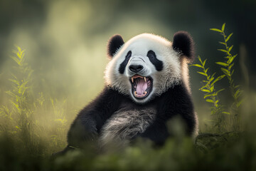 Obraz premium A playful happy panda. Panda in natural habitat. Digital artwork