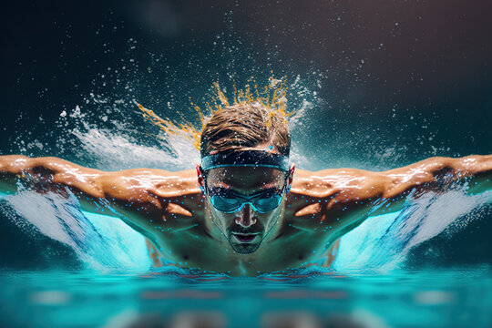 Swimmer at competition. Professional man in swimming pool. Butterfly swimming style. Non-existent person. Post-processed digital AI art	