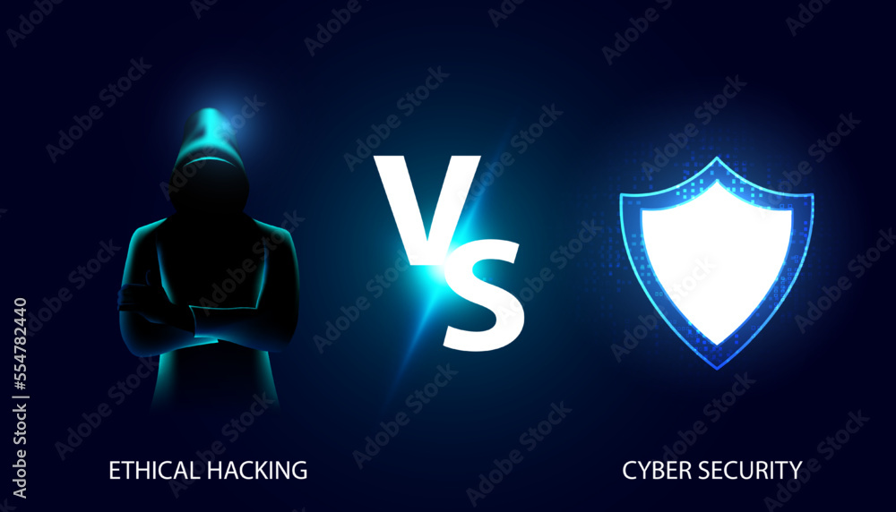 Poster abstract mesh hacker and shield cybersecurity concept vs comparison between ethical hacking ethical 