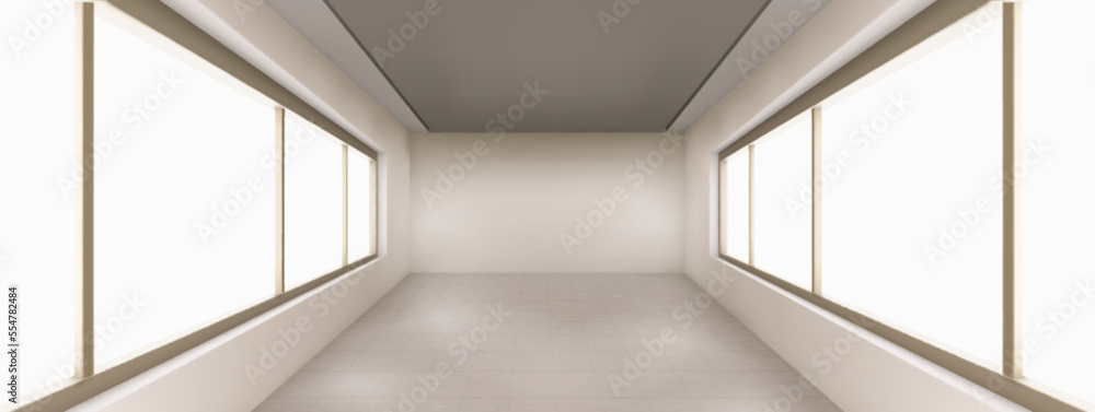Poster corridor with large windows by sides and white walls. modern architecture building inside perspectiv