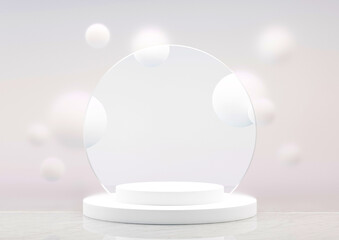 Display of white cylinders to show products, There is a blurred image of white balls floating in the background. minimal design, 3D rendering