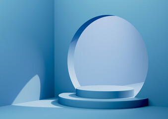 Display of a blue cylinder to show products, with light shining through behind it. minimal design, 3D rendering